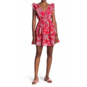 Betsey Johnson Floral Garden Seersucker Tiered Mini Dress Boho Preppy Red Large